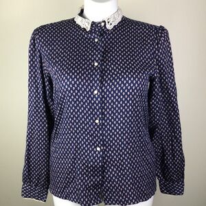 Porteous Button Front Blouse Crochet Lace Collar Paisley Print